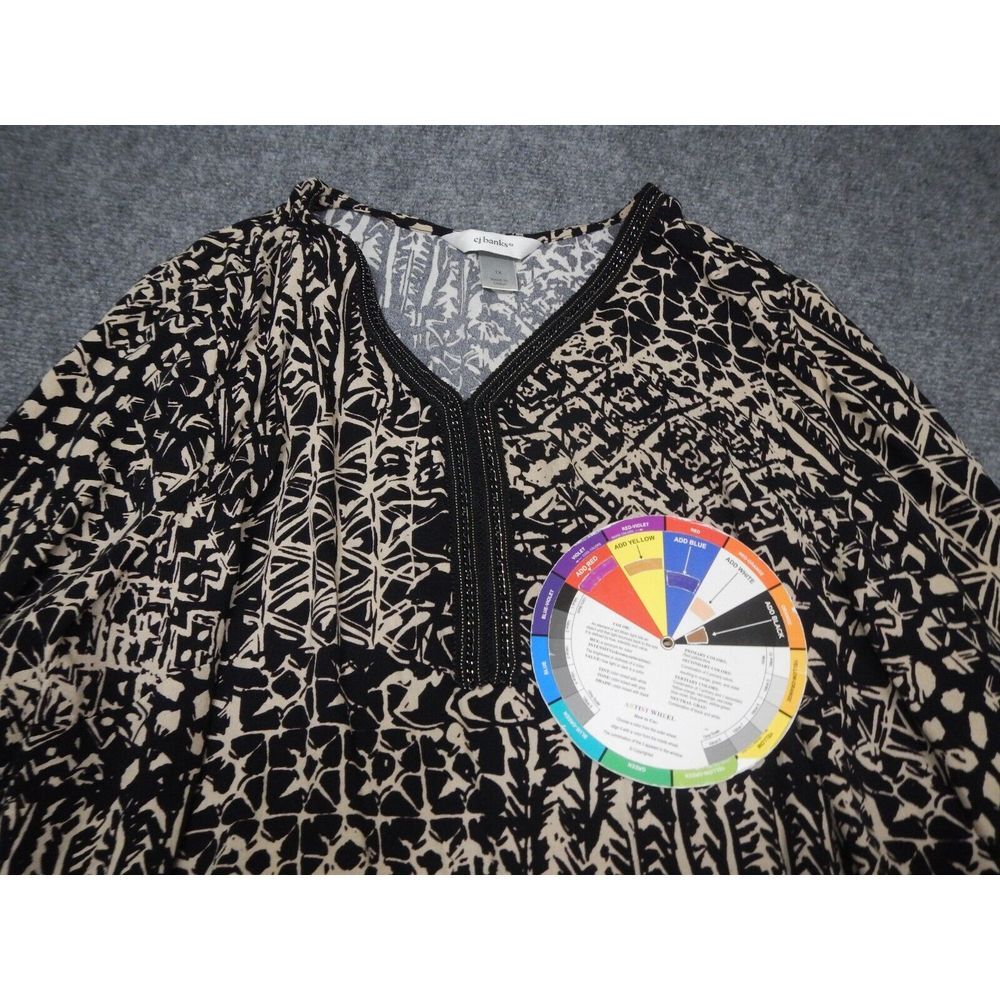 CJ Banks Blouse Shirt Womens Plus 1X Brown Beige Geometric Print Long Sleeve Top - Picture 2 of 9